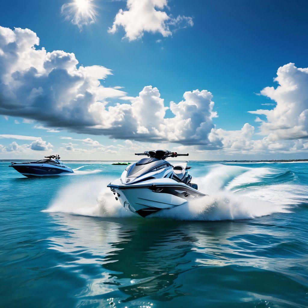 A vibrant coastal scene showcasing a dynamic mix of watercraft: a sleek jetski racing over waves, a luxurious yacht moored peacefully, and an array of other boats in the background. The sky is bright blue with fluffy white clouds, while colorful water splashes create a sense of motion. Overlay the image with subtle illustrations of insurance documents to symbolize tailored solutions. super-realistic. vibrant colors. nautical theme.