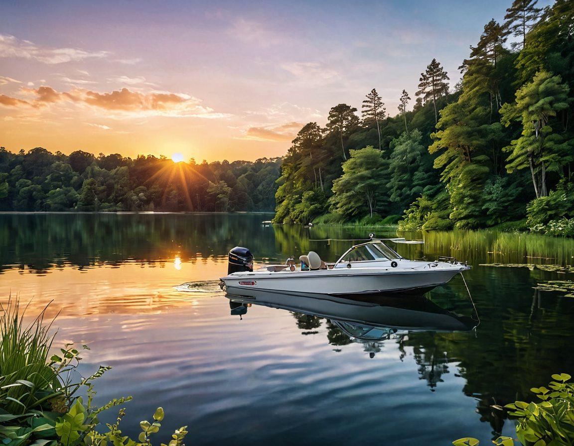 A serene lakeside scene featuring a sleek boat docked at sunset, surrounded by lush greenery and gentle ripples in the water. Infographic elements like insurance documents and water safety icons subtly integrated into the landscape. Bright colors to evoke a sense of adventure and security. super-realistic. vibrant colors.