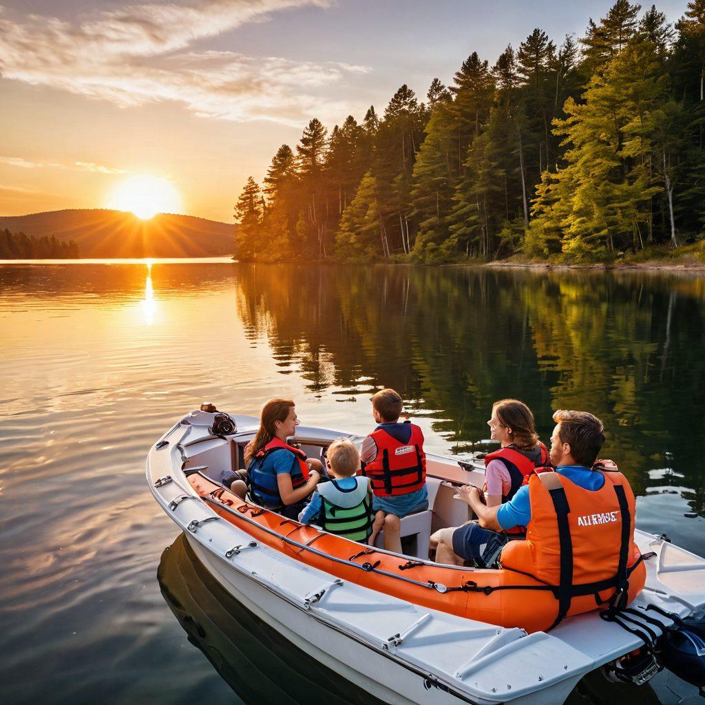 A picturesque scene of a family safely enjoying a day on a well-equipped boat, with life jackets prominently displayed and a calm lake in the background. Show a beautiful sunset reflecting off the water, with a visible boat insurance policy gently resting on a table nearby. Illustrate an atmosphere of responsibility and joy in adventure. vibrant colors. super-realistic.